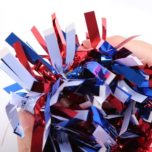 Close-up of Independence Day wrist flower with red white blue metallic foil strips detail