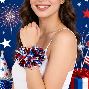 Red white and blue patriotic tinsel wrist flower for Independence Day party celebrations.
