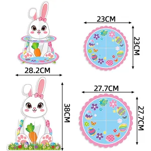 Easter bunny 2-tier cupcake stand with colorful egg patterns and product dimensions
