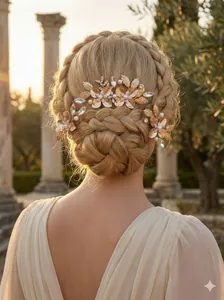 Close-up of retro golden leaf and flower hair combs on a bridal braided hairstyle.