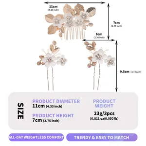 Dimensions and weight details of 3pcs gold leaf and white flower bridal hair comb set