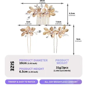 Detailed size and weight guide for the vintage golden flower and leaf hair accessory set
