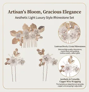 Detail of handmade bridal hair comb and pins with gold leaves and white flowers