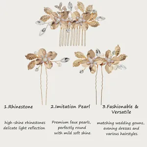 Detailed view of vintage golden leaf bridal hair comb and pins with pearls and rhinestones.