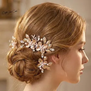Handmade Bridal Hair Accessories Set Golden Leaf Flower Hair Comb With Rhinestones Artificial Pearl Wedding Hair Pins Jewelry