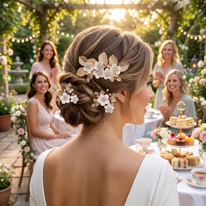 Retro leaf and flower bridal hair comb and pin set for elegant wedding updos in garden