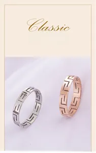 Macro detail view of two stainless steel rings with a classic meander fret pattern
