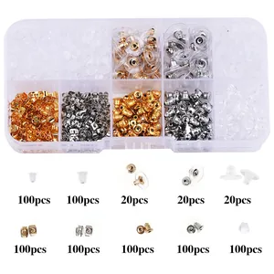 Detail view of various earring back styles including silicone and metal types with counts