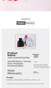Detailed specification sheet for satin drawstring gift pouches and jewelry bags