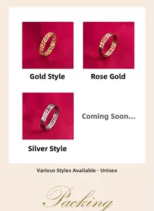 Detailed view of minimalist Great Wall pattern rings in gold, rose gold, and silver