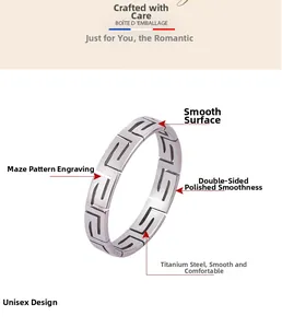 Macro view of titanium steel ring with hollow meander pattern and smooth finish