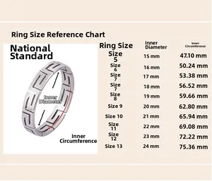 Detailed ring size chart showing internal diameter and circumference for titanium bands.