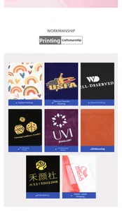 Details of various custom logo printing and workmanship options for satin gift bags