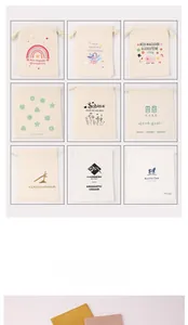 Grid display of canvas drawstring gift pouches with various custom printed logos