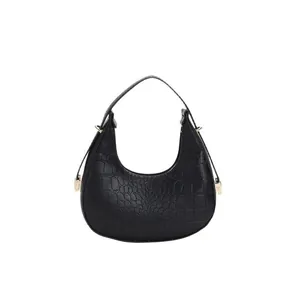 Elegant black crocodile pattern crescent hobo shoulder bag with gold hardware details
