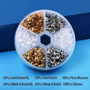 Set of assorted earring backs including butterfly and bullet styles in a 6-grid round box.