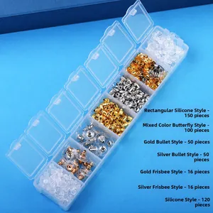 Variety of silicone and metal earring backs organized in a transparent plastic compartment box
