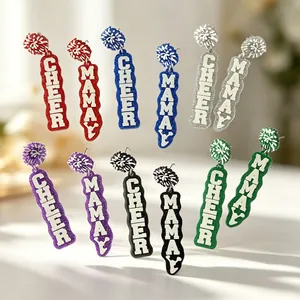 Women Acrylic Glitter Pom-Pom Drop Earrings Cheer Mama Letter Printed Asymmetrical Fashion Jewelry Gift Accessories