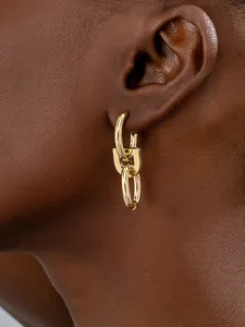 Close-up detail of stylish gold-tone interlocking oval link earrings worn on the ear