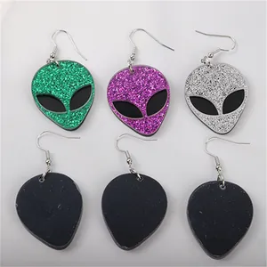 Fashionable glitter alien head earrings in green purple and silver showing front and back