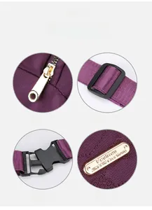 Close-up detail view of purple waist bag showing metal zipper and adjustable buckle strap