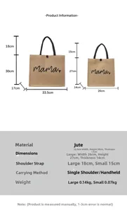 Detailed size chart for large and small burlap jute tote bags with mama print