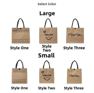 Large and small jute tote bags shown in three different printed patterns and sizes