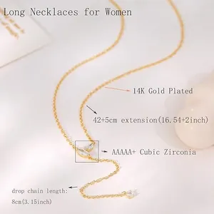 Detailed view of 14K gold plated long necklace with AAAAA+ cubic zirconia marquise pendant.