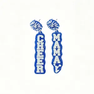 Blue glitter acrylic earrings featuring white Cheer Mama text and cheerleader silhouette