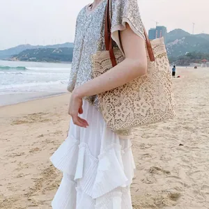 Detailansicht einer eleganten Strandtasche aus Spitze mit Lederriemen und Lochmuster