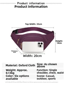 Detailed dimension view of purple waterproof fanny pack with product specifications
