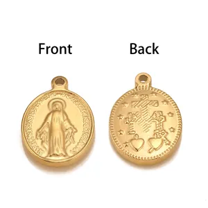Detaillierte Vorder- und Rückansicht der vintage goldfarbenen Edelstahl Mary Medaille