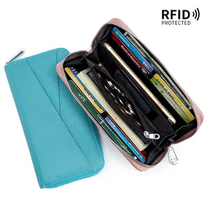 Large capacity leather RFID blocking long wallet for women with accordion slots