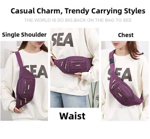 Detail showing purple waist bag worn in three different ways