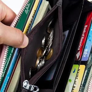 Large capacity women's RFID leather long wallet with zipper coin pocket and card slots