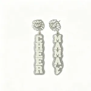 Detailed view of silver glitter acrylic earrings with Cheer Mama text for Mother's Day