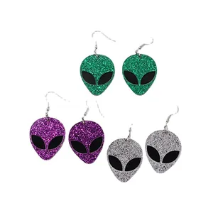 Fashionable alien head glitter drop earrings set in green, purple, and silver colors
