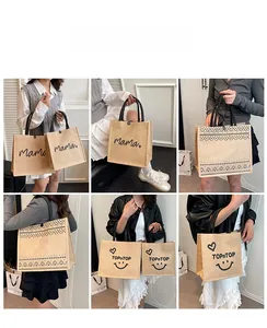 Detailed collage of a model showcasing printed jute shopping bags in daily life settings.