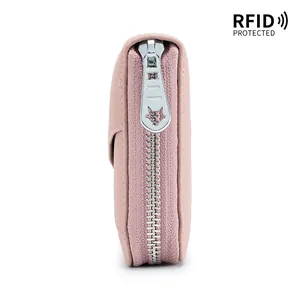 Elegant pink genuine leather long wallet for women featuring RFID protected security technology