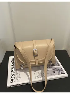 Chic beige retro shoulder bag with silver buckle and flap, stylish large capacity purse