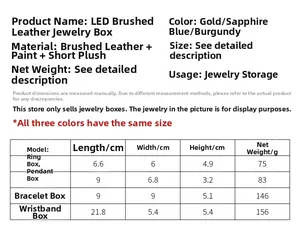Tableau détaillé des tailles et spécifications pour boîtes à bijoux LED en cuir brossé.