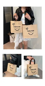 Close-up of trendy printed jute tote bags in two sizes for commuting and shopping