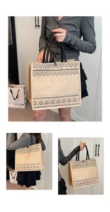 Collage of a jute tote bag with black geometric patterns held by a model at various angles.