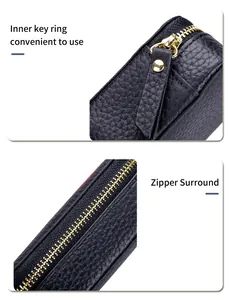 Detailaufnahme der schwarzen Leder-Lippenstifttasche mit robustem Reißverschluss.