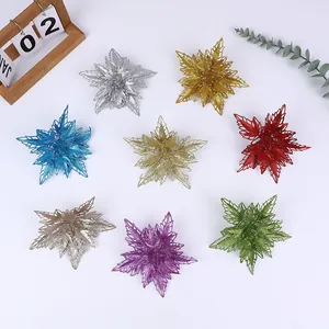 Fleurs de Noël Artificielles Pailletées Double Couche Fleurs en Plastique et Velours Ornements d'Arbre de Noël Décorations Suspendues pour Maison et Fête