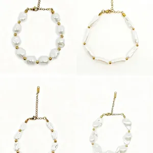 Elegant baroque freshwater pearl bracelet set with golden beads on white backdrop