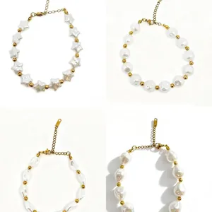 Elegant freshwater baroque pearl bracelet set with gold accent beads on white background