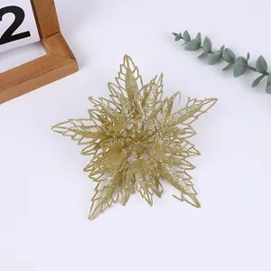 Fleur de Noël dorée scintillante à double couche, décoration festive pour sapin de Noël