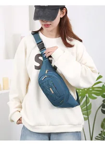 Stylish teal multi-layer women's fanny pack shown in a crossbody style on model