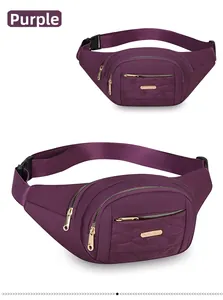Purple quilted multi-layered waist bag for women with large capacity and gold zippers